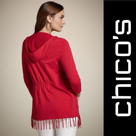 Chico’s Zenergy Orange Red Hooded Fringe Jacket Large - Picture 1 of 5